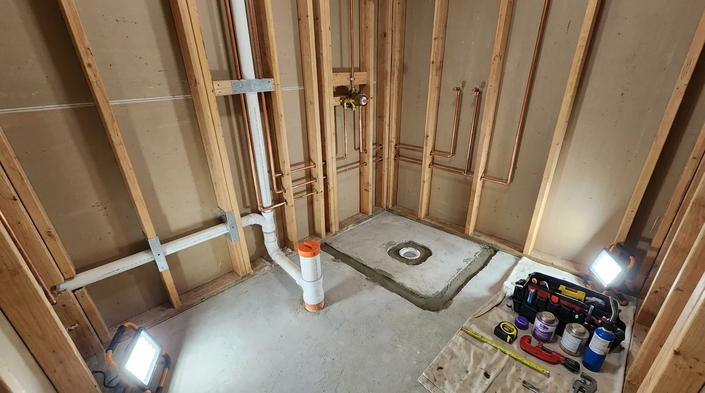 Bathroom rough-in plumbing during remodel by Johns Plumbing LLC in Oak Bluffs
