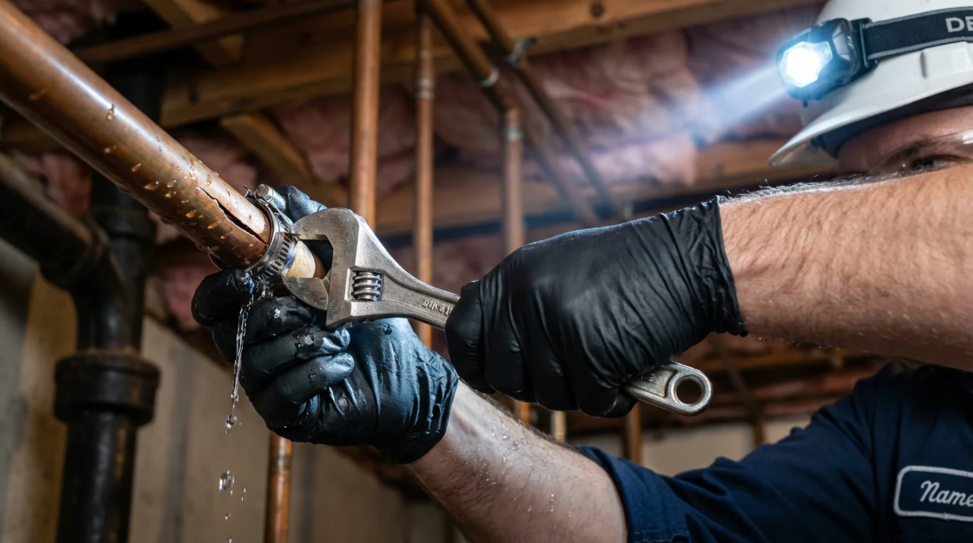 Emergency pipe clamp repair being performed by a Johns Plumbing LLC plumber in Oak Bluffs