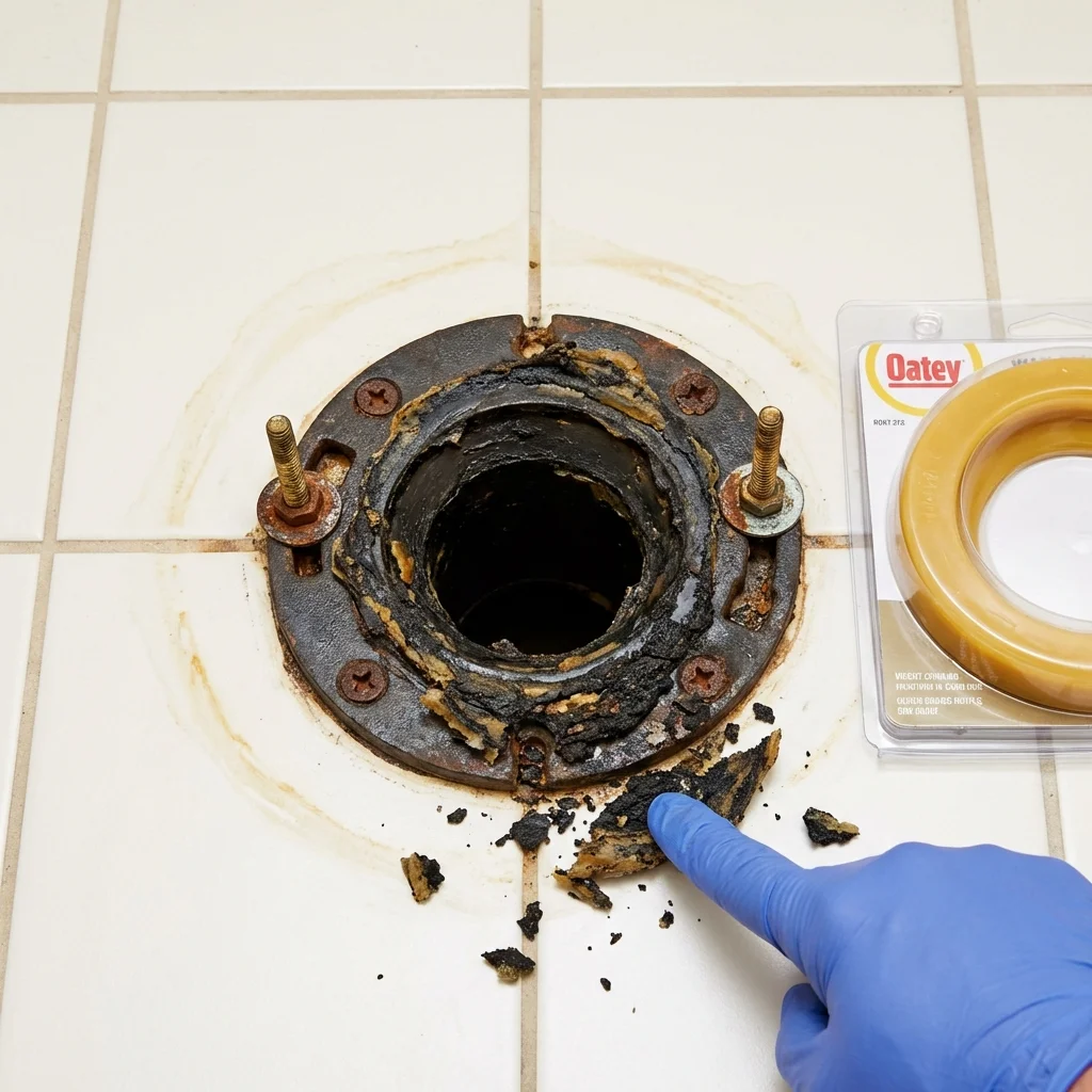 Failed wax ring showing water seepage at the base of a toilet in a Oak Bluffs, MA home