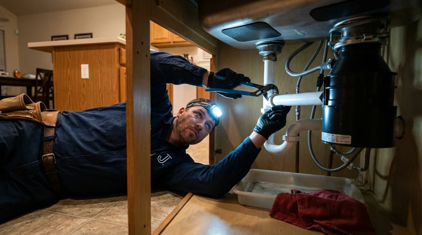 P-trap and supply line connections under a kitchen sink showing a common leak point in Oak Bluffs, MA